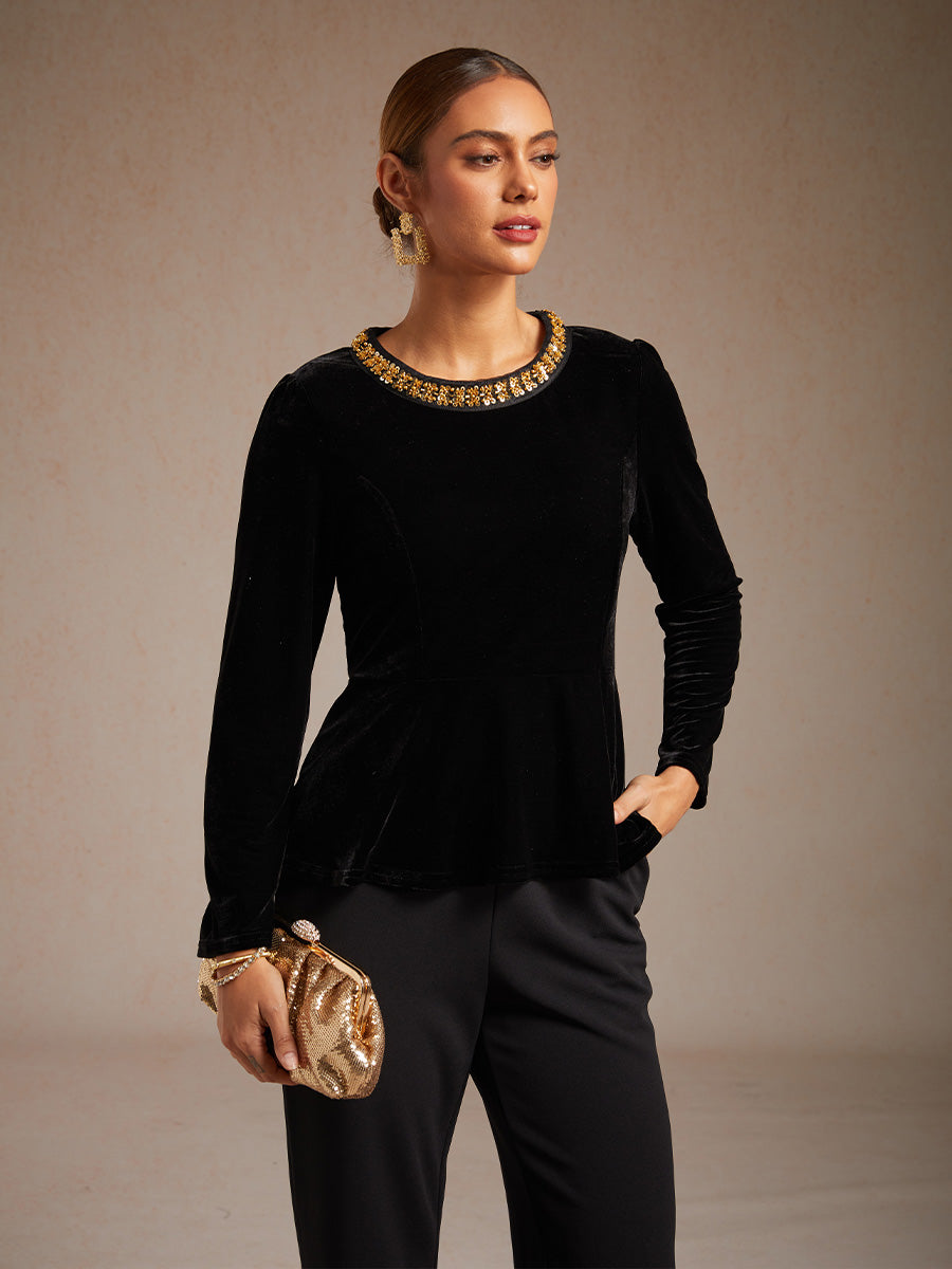 Elegant Stretch Velvet Peplum Blouse with Rhinestone Details