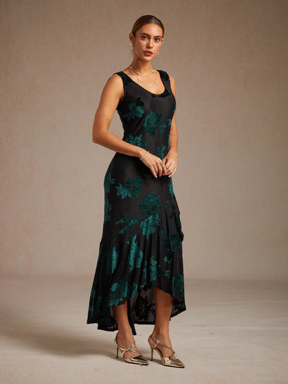Velvet Floral Evening Gown with Asymmetrical Hem