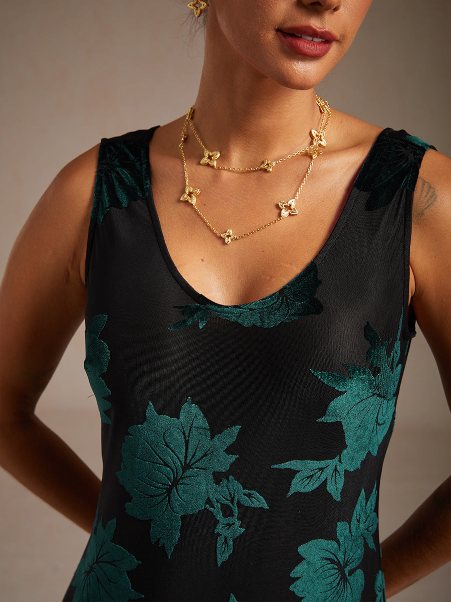 Velvet Floral Evening Gown with Asymmetrical Hem