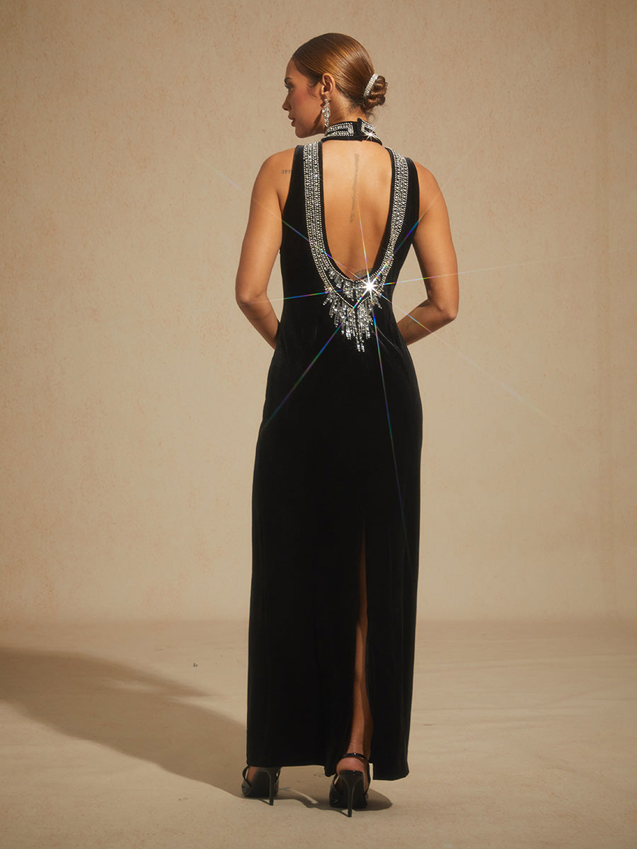 Backless Beaded Stretch Velvet Evening Gown