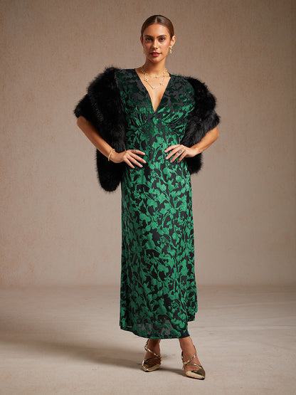 V-Neck Velvet Floral Maxi Dress