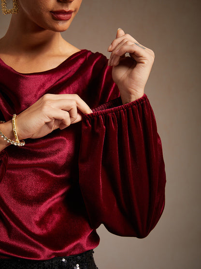 Elegant Stretch Velvet Blouse with Cowl Collar