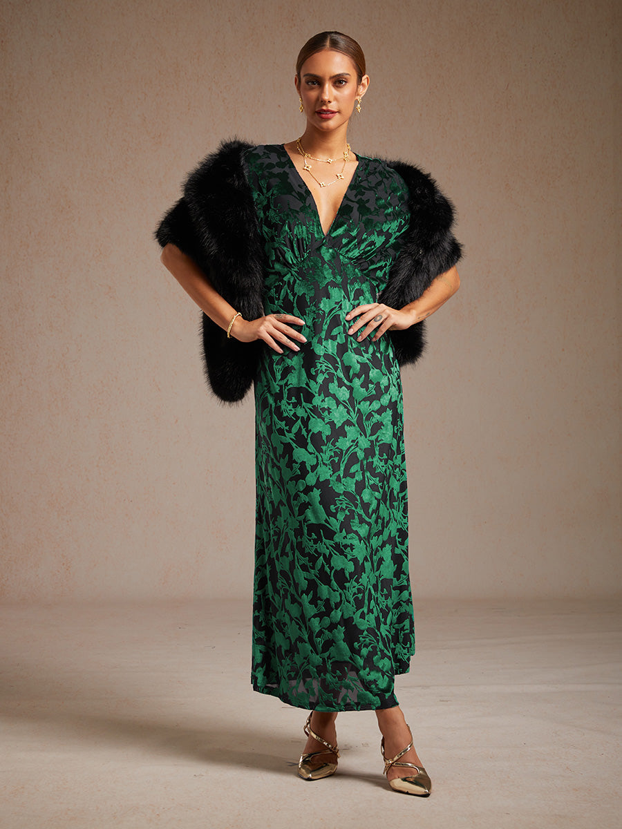 V-Neck Velvet Floral Maxi Dress