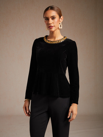Elegant Stretch Velvet Peplum Blouse with Rhinestone Details