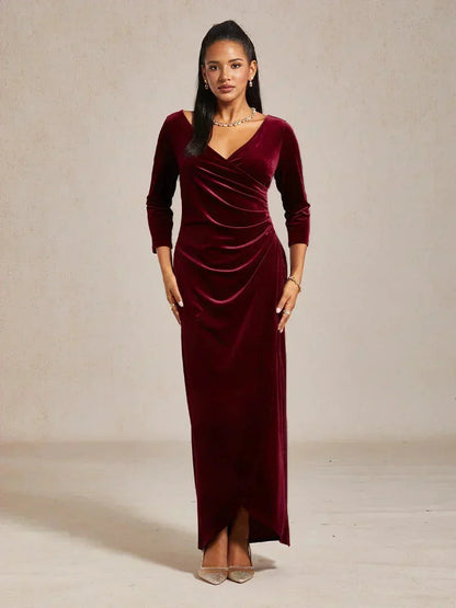 Long Stretch Velvet Evening Dress with 3/4 Sleeves