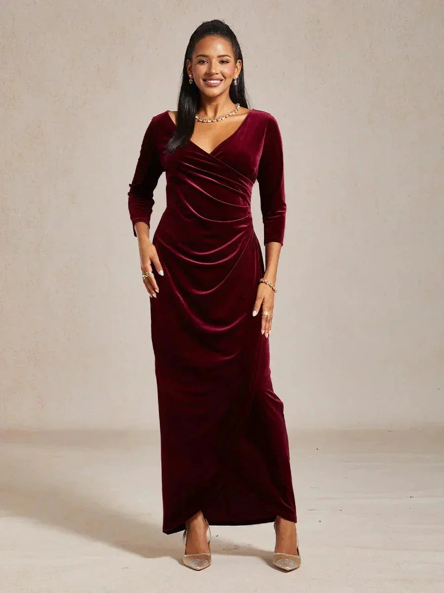 Langes Abendkleid aus Stretch-Samt mit 3/4-Ärmeln