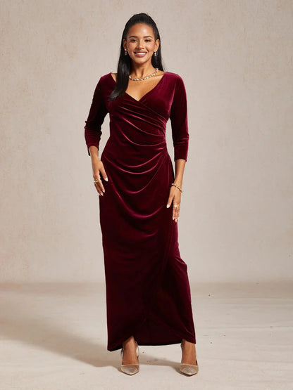 Long Stretch Velvet Evening Dress with 3/4 Sleeves