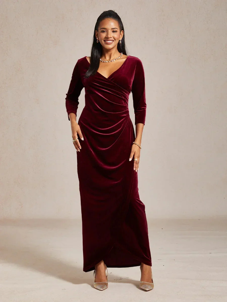 Long Stretch Velvet Evening Dress with 3/4 Sleeves