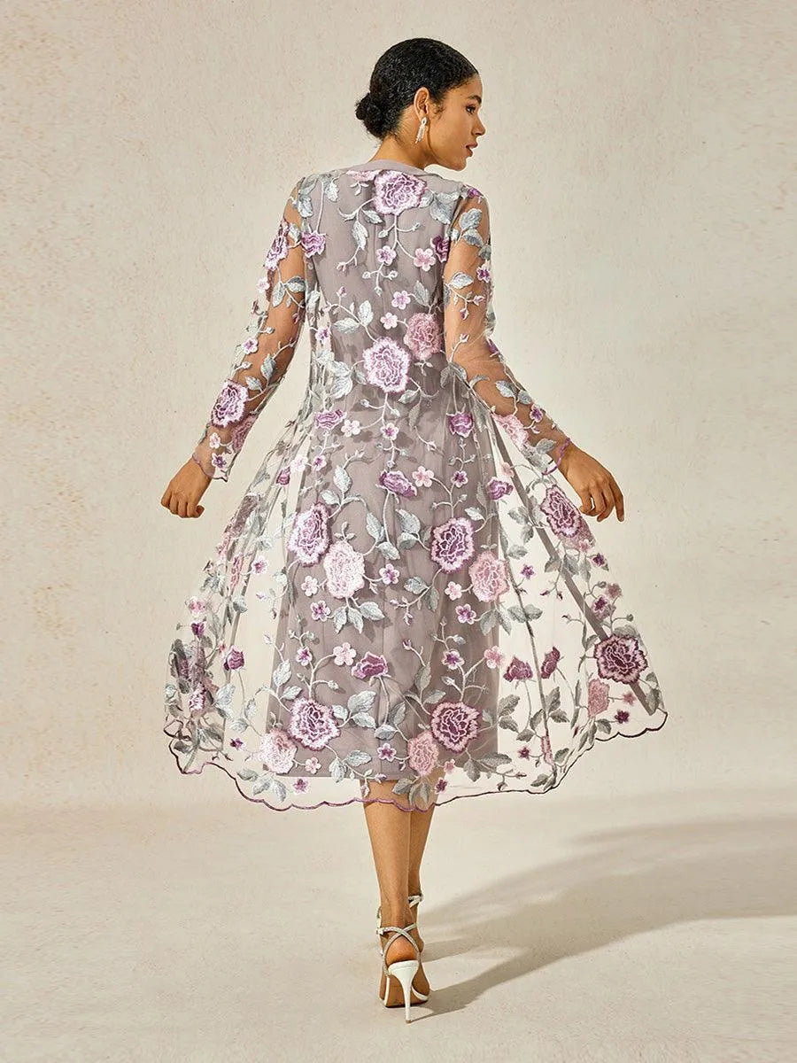 Mesh Lace Embroidered Floral Dress Set