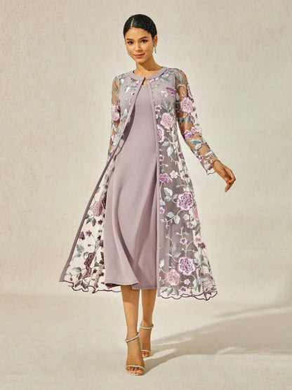Mesh Lace Embroidered Floral Dress Set