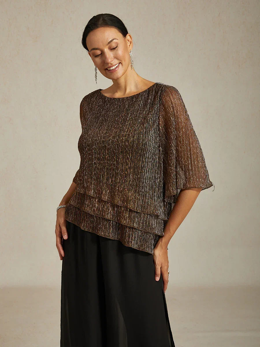 Asymmetrische Lagenbluse aus metallisch schimmerndem, plissiertem Chiffon