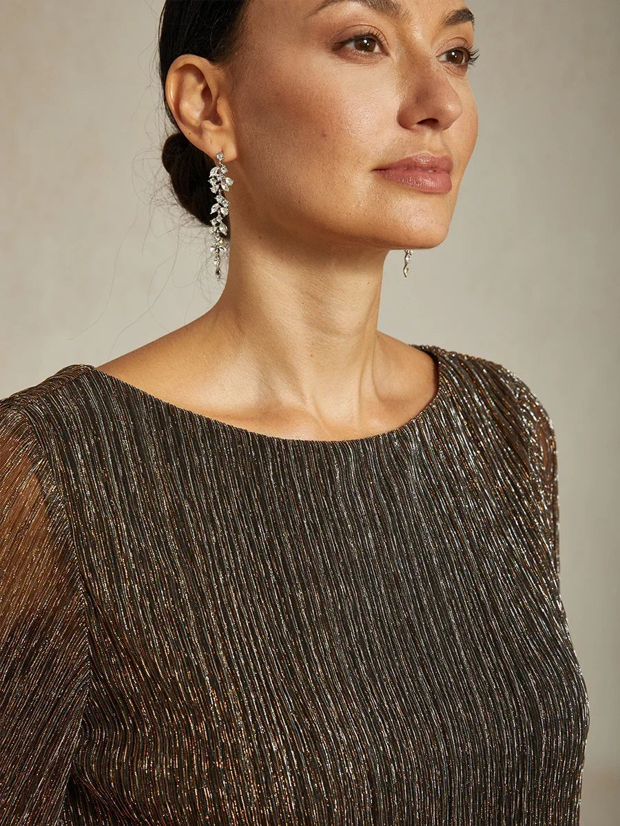 Asymmetrische Lagenbluse aus metallisch schimmerndem, plissiertem Chiffon