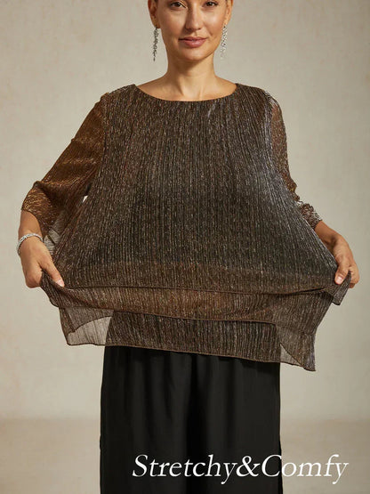 Metallic Pleated Chiffon Asymmetrical Layered Blouse