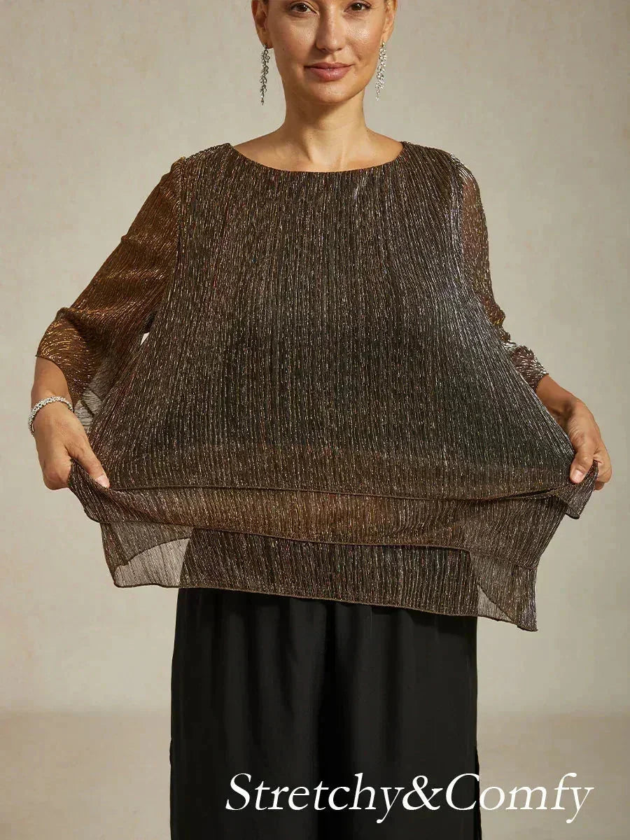 Asymmetrische Lagenbluse aus metallisch schimmerndem, plissiertem Chiffon