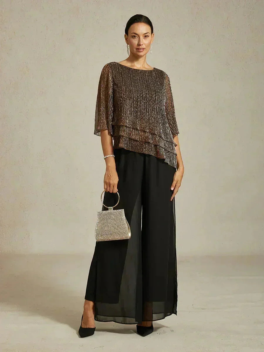 Asymmetrische Lagenbluse aus metallisch schimmerndem, plissiertem Chiffon