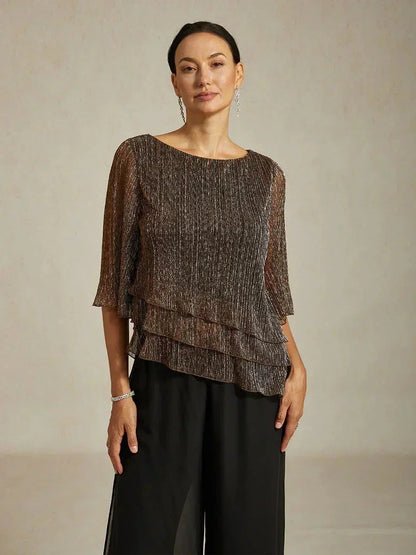 Asymmetrische Lagenbluse aus metallisch schimmerndem, plissiertem Chiffon