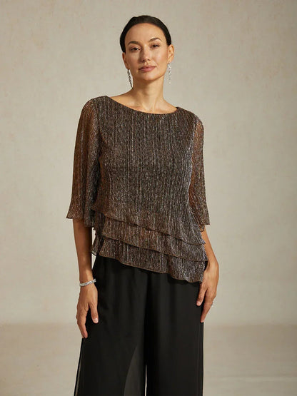 Metallic Pleated Chiffon Asymmetrical Layered Blouse