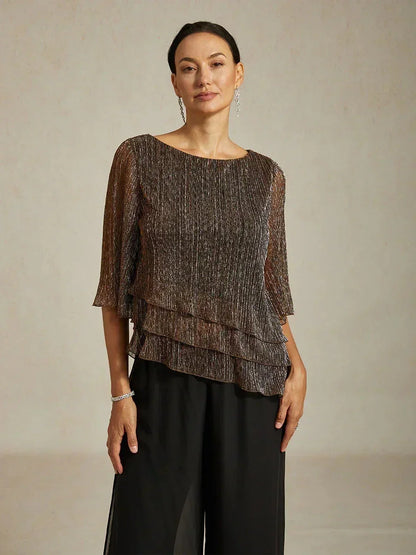 Metallic Pleated Chiffon Asymmetrical Layered Blouse