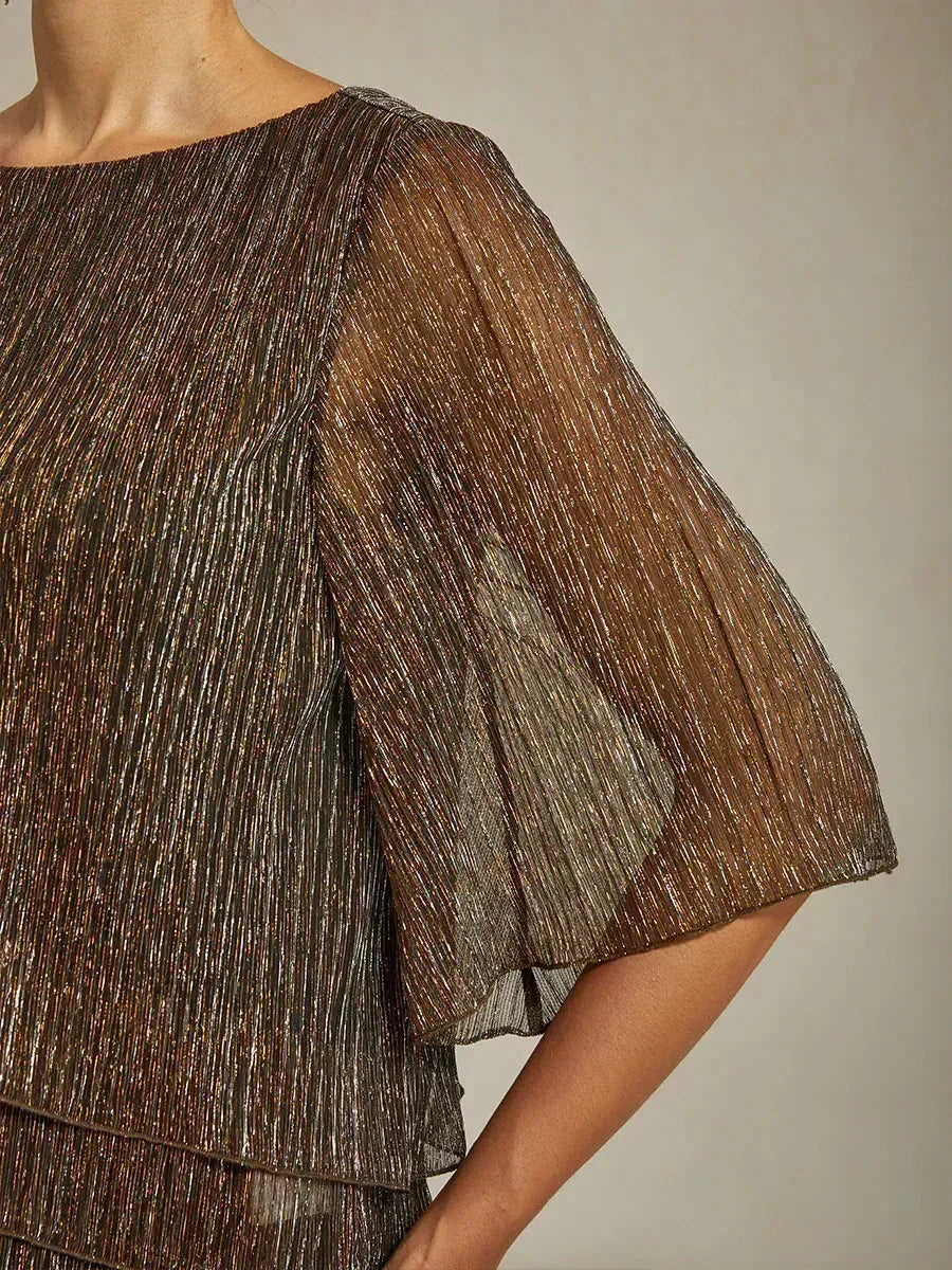Asymmetrische Lagenbluse aus metallisch schimmerndem, plissiertem Chiffon