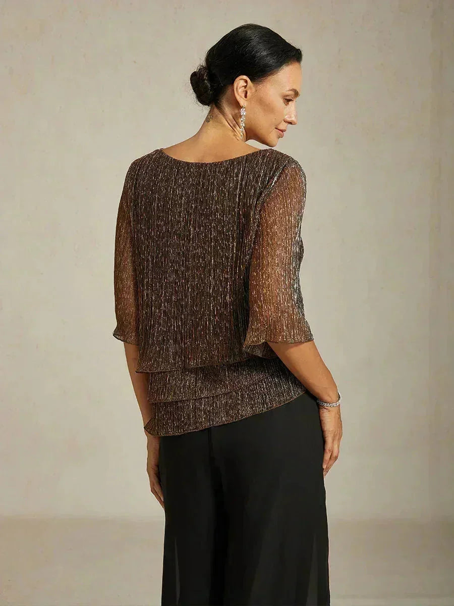 Metallic Pleated Chiffon Asymmetrical Layered Blouse