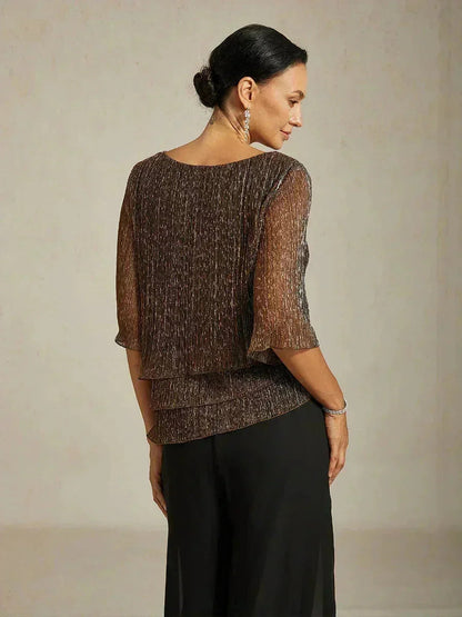 Metallic Pleated Chiffon Asymmetrical Layered Blouse