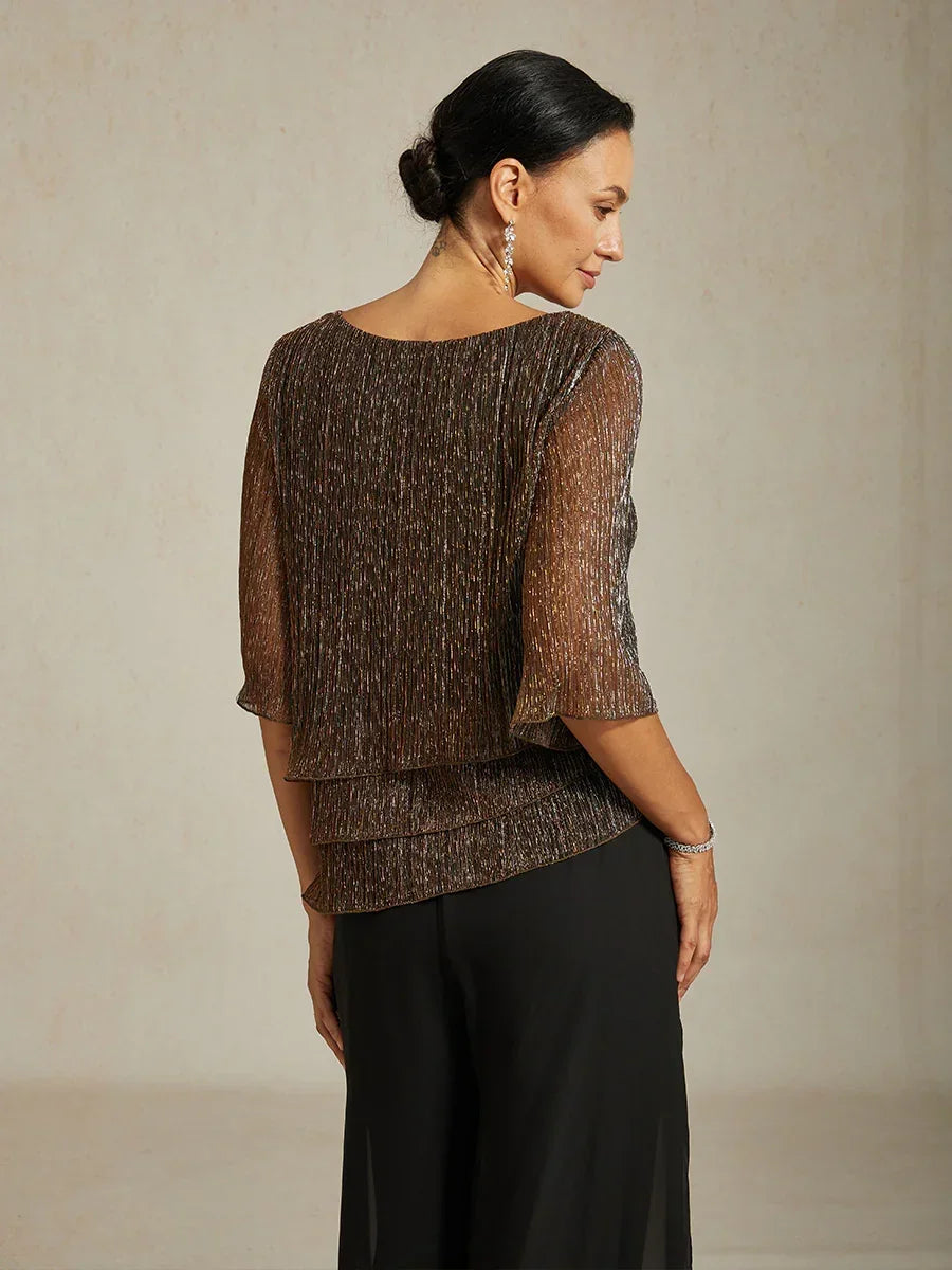 Asymmetrische Lagenbluse aus metallisch schimmerndem, plissiertem Chiffon