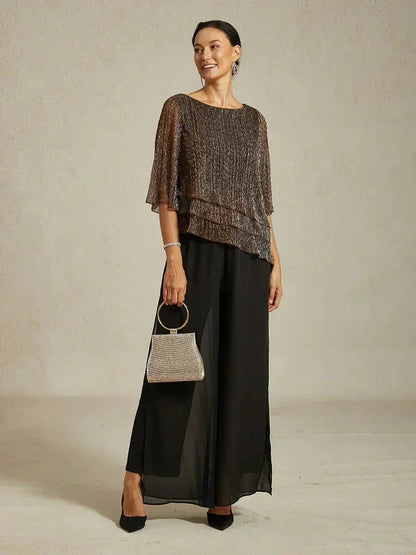 Metallic Pleated Chiffon Asymmetrical Layered Blouse