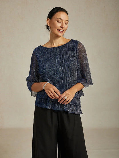 Asymmetrische Lagenbluse aus metallisch schimmerndem, plissiertem Chiffon