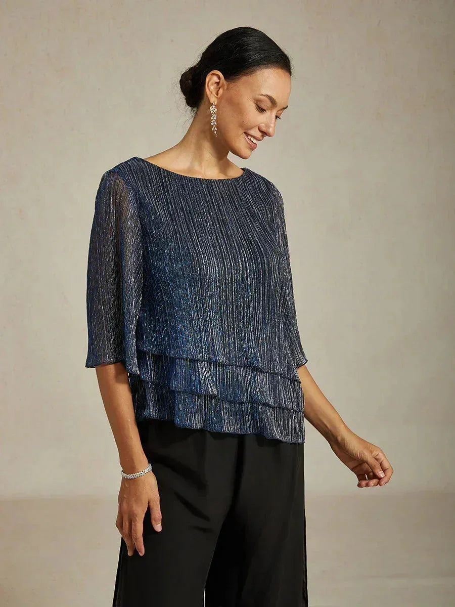 Asymmetrische Lagenbluse aus metallisch schimmerndem, plissiertem Chiffon