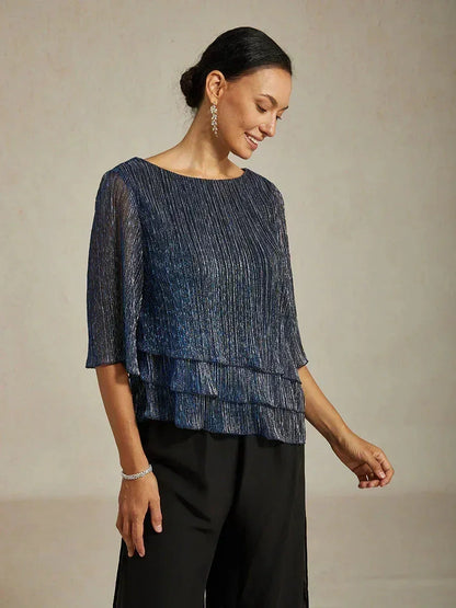 Asymmetrische Lagenbluse aus metallisch schimmerndem, plissiertem Chiffon
