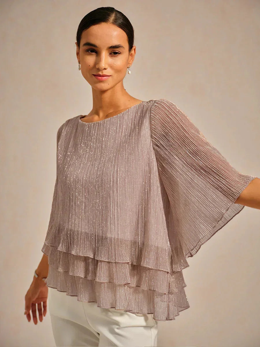 Metallic Pleated Chiffon Asymmetrical Layered Blouse