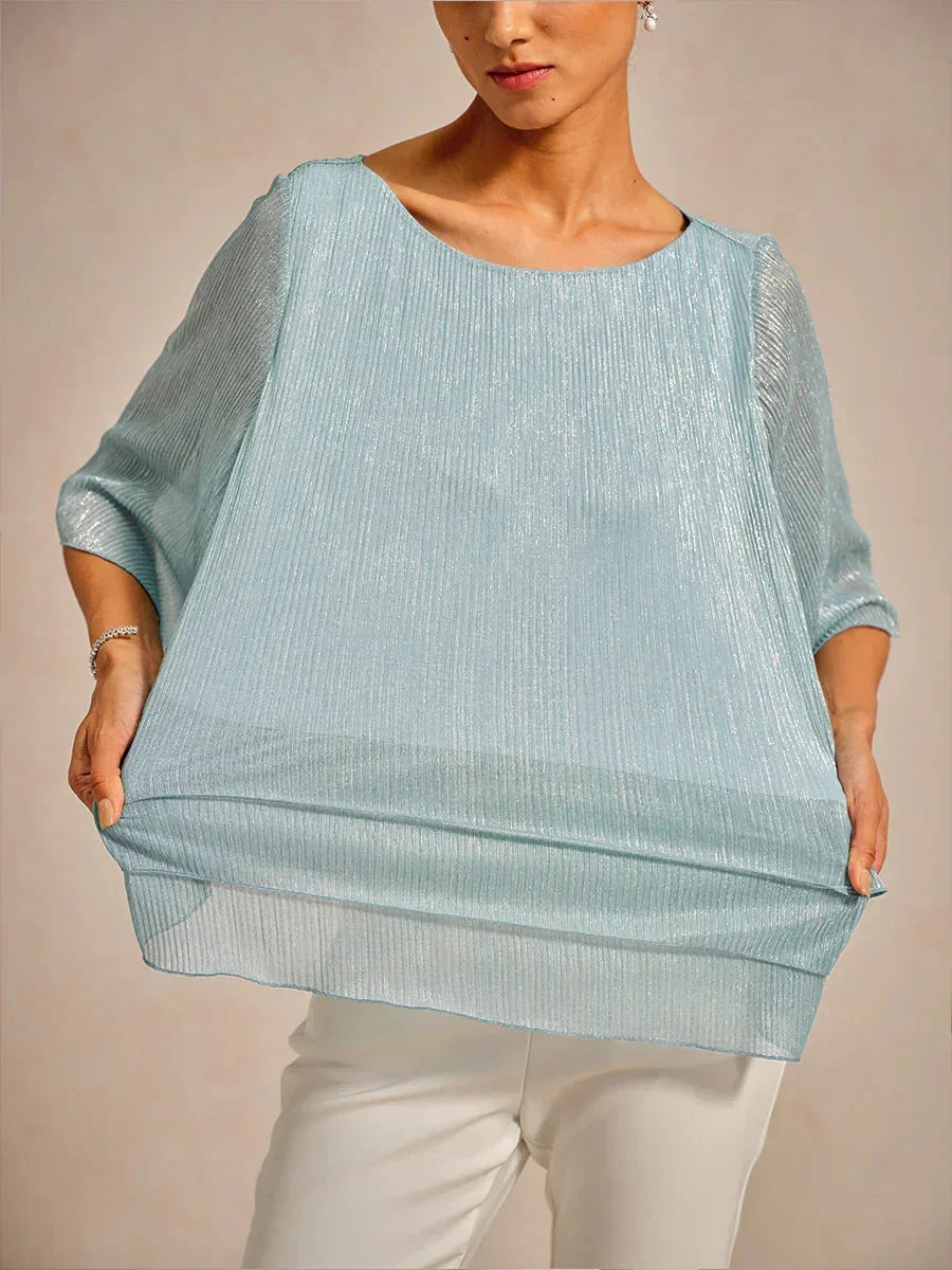 Metallic Pleated Chiffon Asymmetrical Layered Blouse