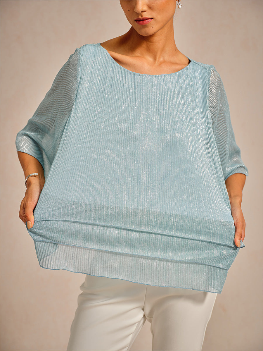 Metallic Pleated Chiffon Asymmetrical Layered Blouse
