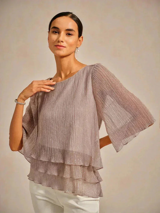 Metallic Pleated Chiffon Asymmetrical Layered Blouse