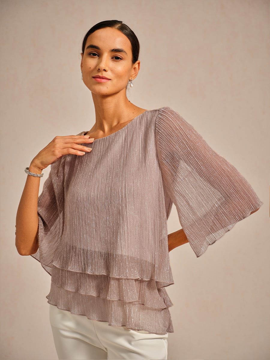 Asymmetrische Lagenbluse aus metallisch schimmerndem, plissiertem Chiffon