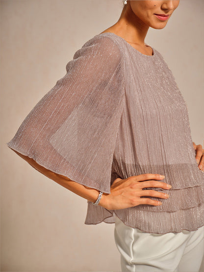 Metallic Pleated Chiffon Asymmetrical Layered Blouse