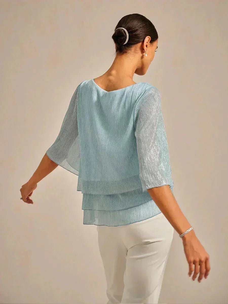 Metallic Pleated Chiffon Asymmetrical Layered Blouse