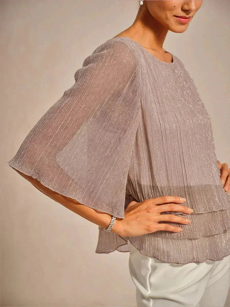 Metallic Pleated Chiffon Asymmetrical Layered Blouse