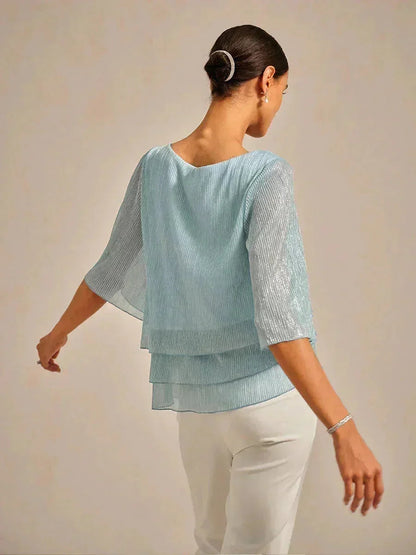Metallic Pleated Chiffon Asymmetrical Layered Blouse