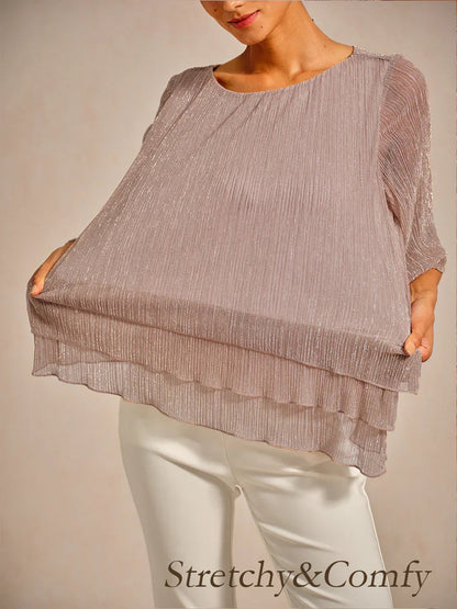 Metallic Pleated Chiffon Asymmetrical Layered Blouse