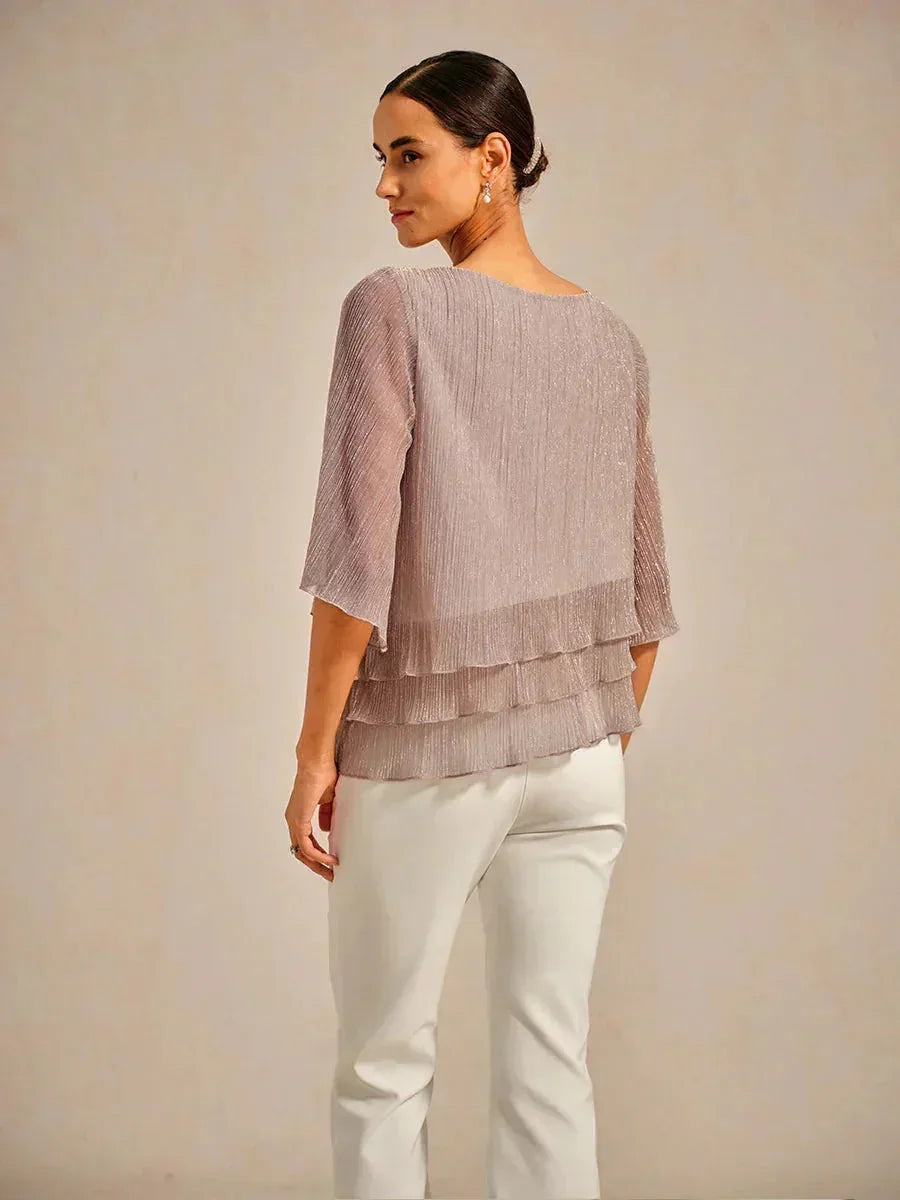Asymmetrische Lagenbluse aus metallisch schimmerndem, plissiertem Chiffon