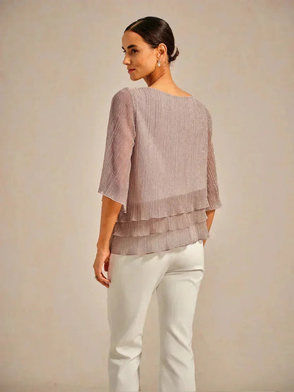 Asymmetrische Lagenbluse aus metallisch schimmerndem, plissiertem Chiffon
