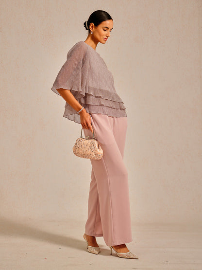 Metallic Pleated Chiffon Asymmetrical Layered Blouse