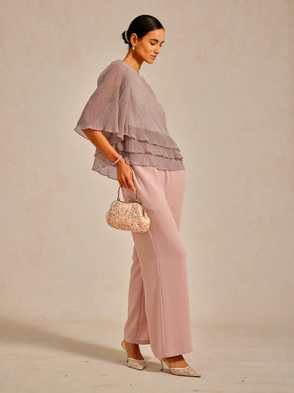 Metallic Pleated Chiffon Asymmetrical Layered Blouse