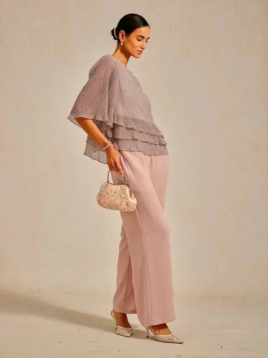 Metallic Pleated Chiffon Asymmetrical Layered Blouse