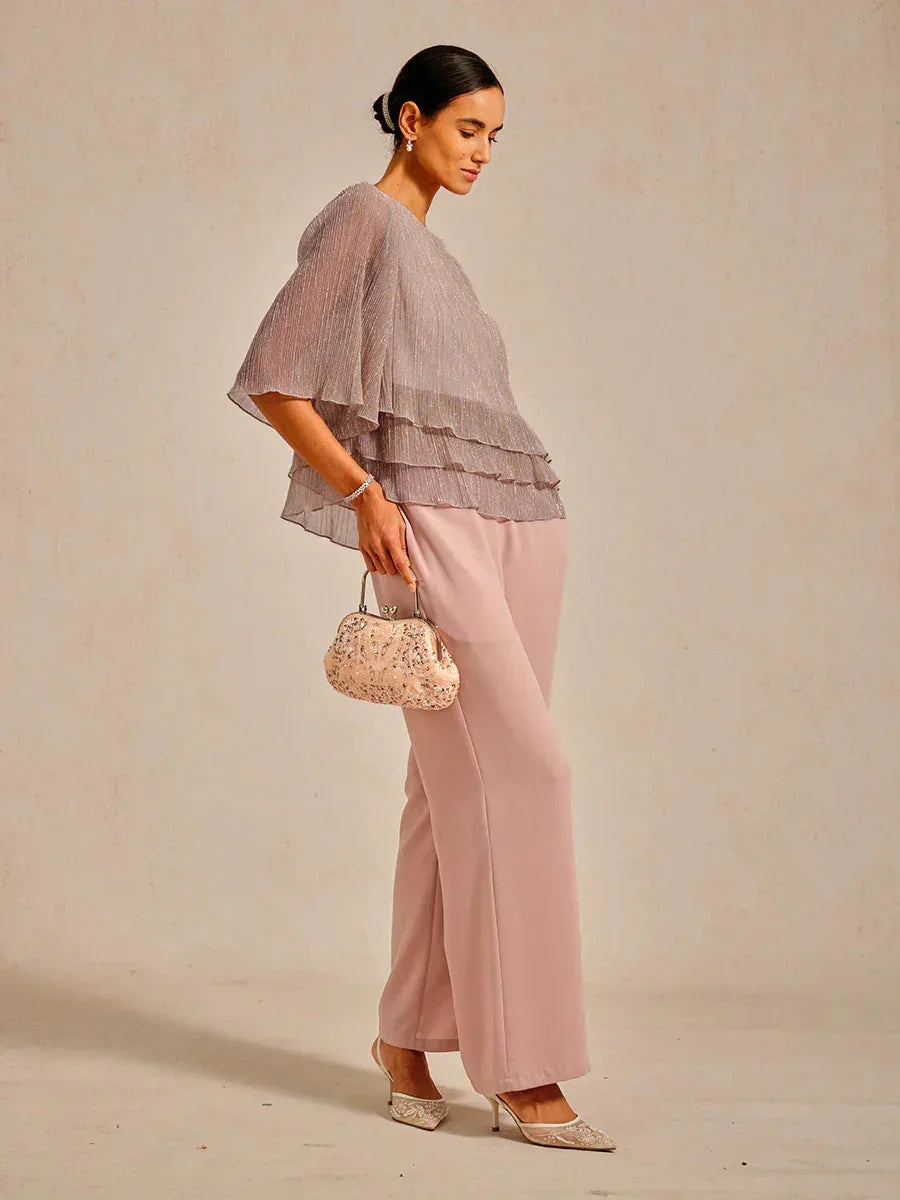 Metallic Pleated Chiffon Asymmetrical Layered Blouse