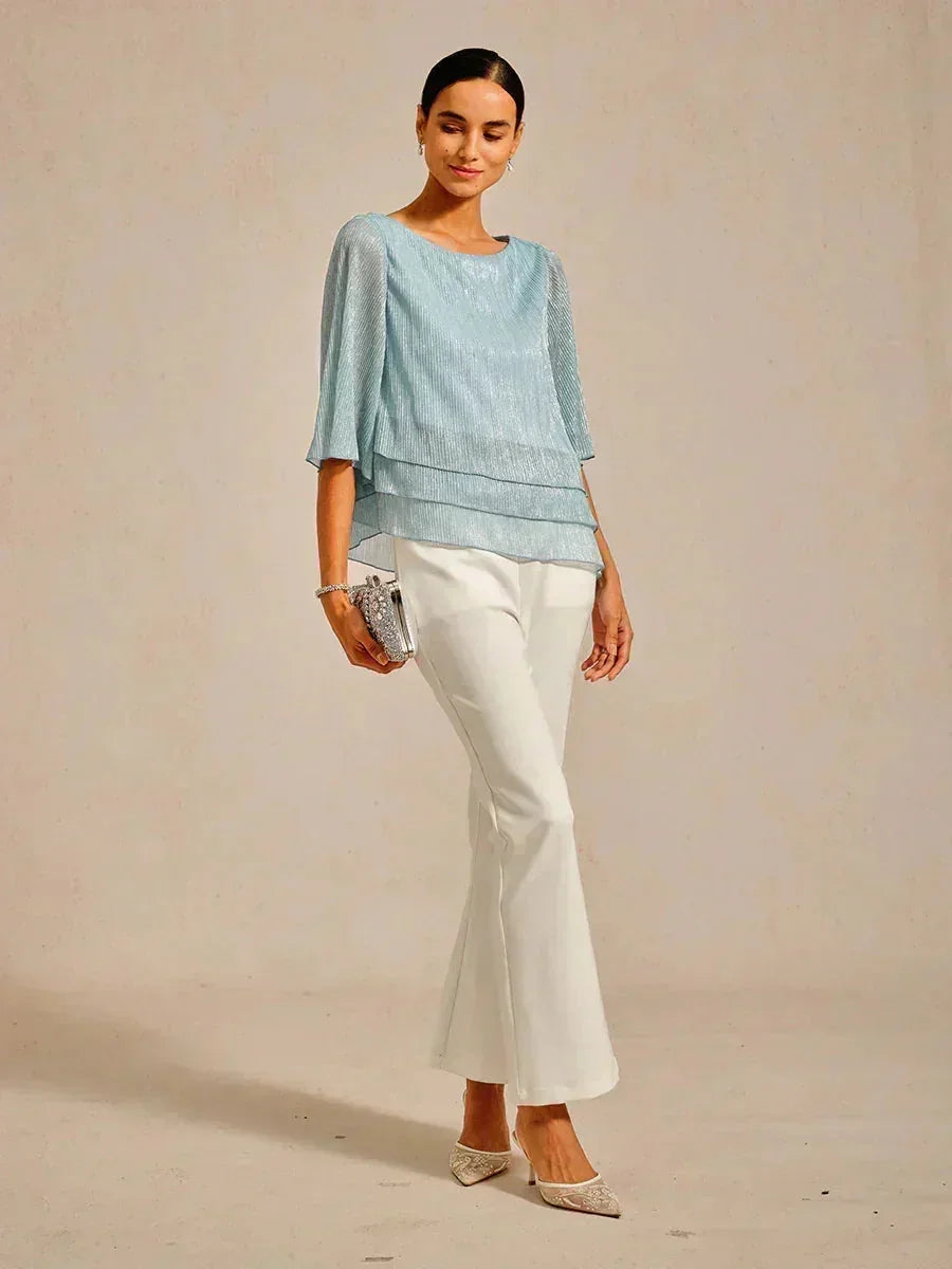 Asymmetrische Lagenbluse aus metallisch schimmerndem, plissiertem Chiffon