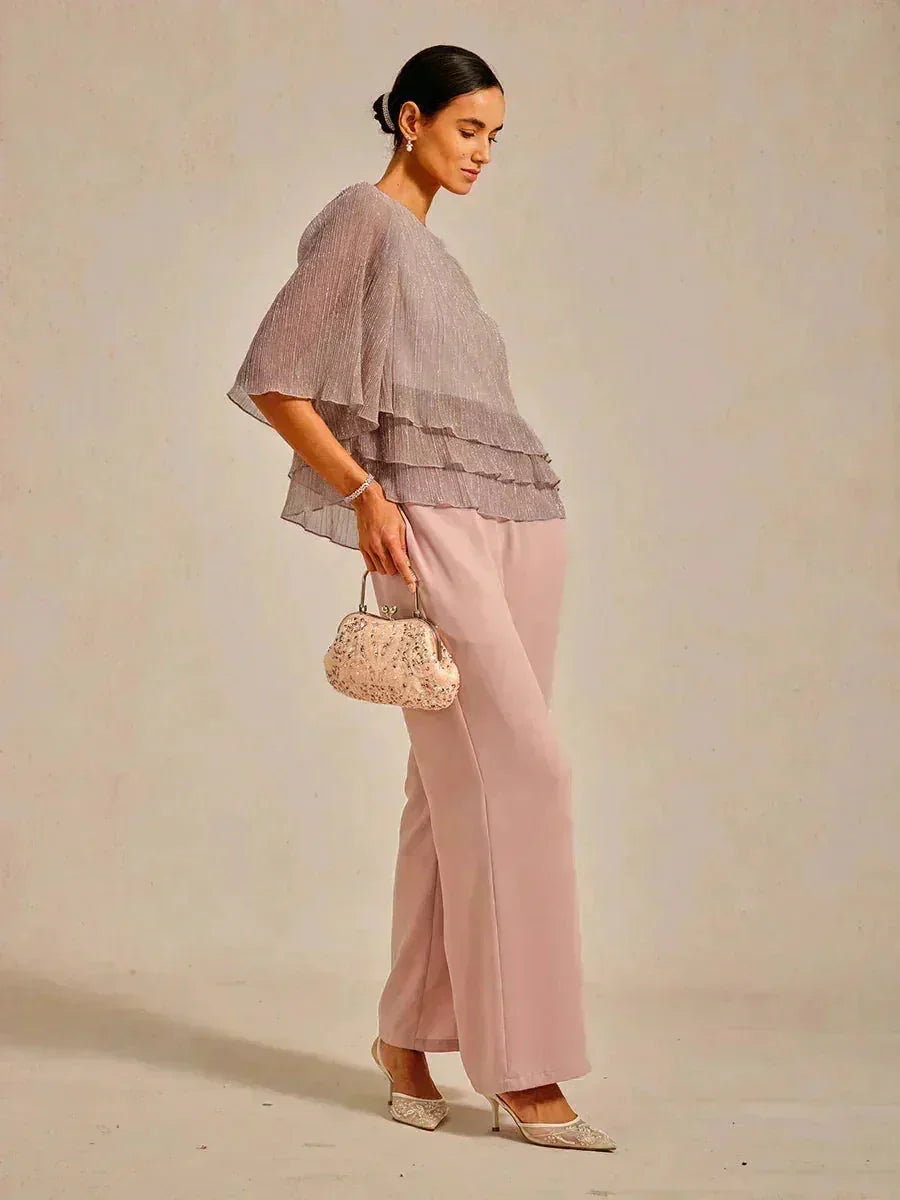 Metallic Pleated Chiffon Asymmetrical Layered Blouse