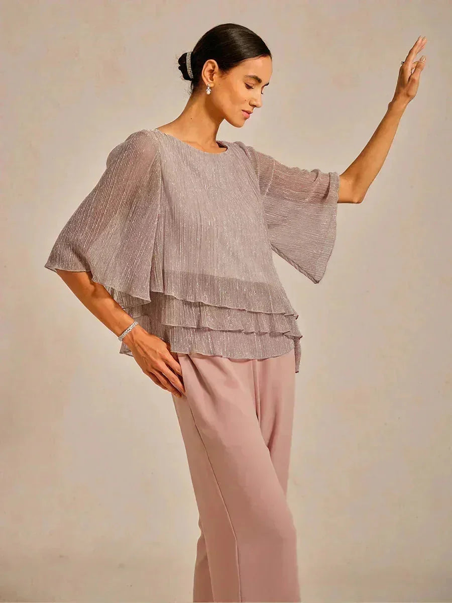Metallic Pleated Chiffon Asymmetrical Layered Blouse