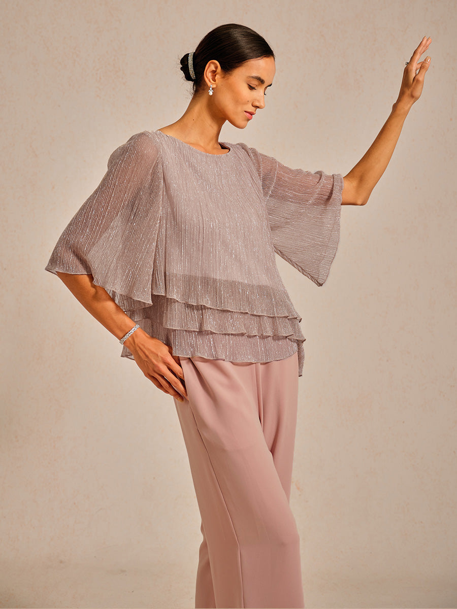 Metallic Pleated Chiffon Asymmetrical Layered Blouse